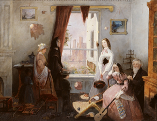HIP372117 Fredericksburg family in a war torn house (oil on board) by American School, 19th century/ Gettysburg National Military Park Museum, Pennsylvania, USA/ Civil War Archive