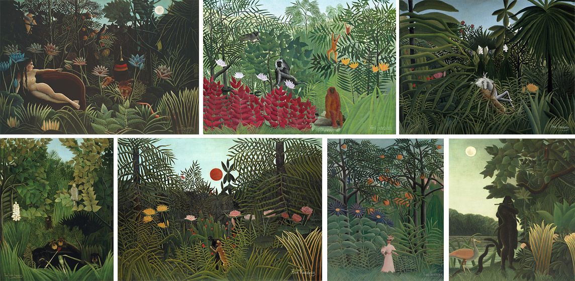 A selection of Henri Rousseau images licensed for use in the documentary. From top left clockwise: The Dream (Le Douanier), 1910 (oil on canvas) / Museum of Modern Art, New York, USA; Tropical Forest with Monkeys, 1910 (oil on canvas) / National Gallery of Art, Washington DC, USA;  Jaguar Attacking a Horse, 1910 (oil on canvas) / Pushkin Museum, Moscow, Russia; The Snake Charmer, 1907 (La Charmeuse de serpents) (oil on canvas), Rousseau, / Musee d'Orsay, Paris, France; Woman Walking in an Exotic Forest, 1905 (oil on canvas) / The Barnes Foundation, Philadelphia, Pennsylvania, USA; Man Attacked by a Jaguar, 1910 (oil on canvas) / Kunstmuseum, Basel, Switzerland​; The Merry Jesters, 1906 (oil on canvas) / Philadelphia Museum of Art, Pennsylvania, PA, USA, 1950. Henri J.F. Rousseau (1844-1910)  