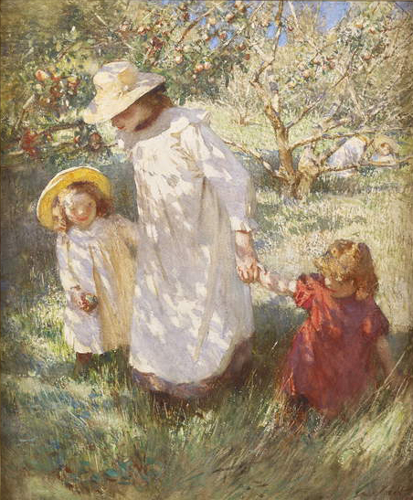Image of the painting In the Orchard, 1908-09 (pencil & w/c), Laura Knight, (1877-1970) / Courtesy Patrick Bourne & Co., London / Bridgeman Images