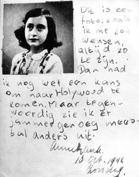 Photograph and writing of Anne Frank, 1942 (b/w photo), Dutch Photographer, (20th Century) / Private Collection / © Archives Charmet / Bridgeman Images